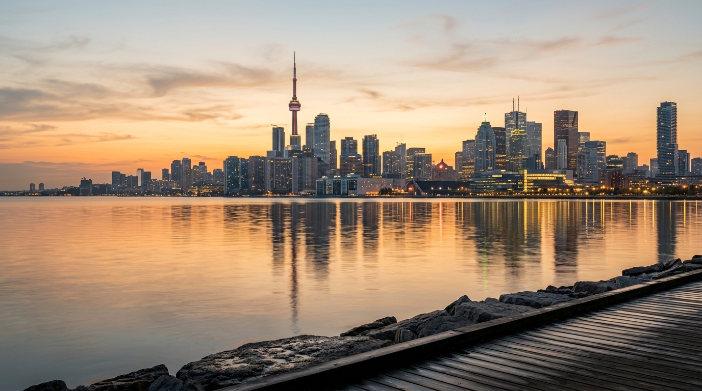 Toronto skyline viewed from the waterfront at golden hour